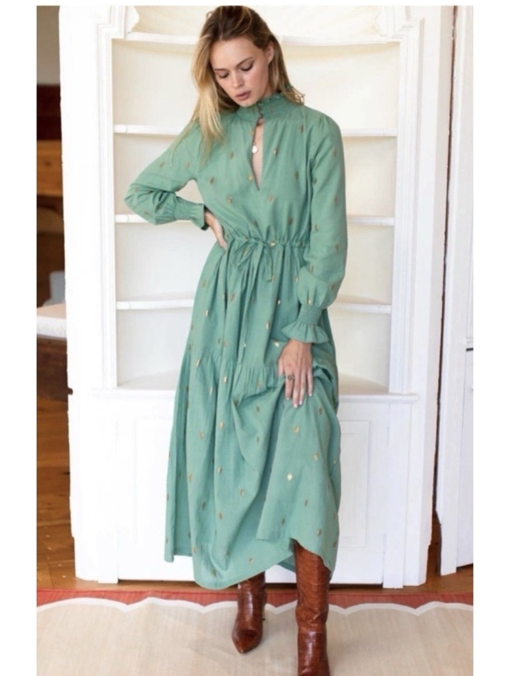 NWT Emerson Fry Lucybella Cotton Boho Maxi Dress in Green and Gold - Small